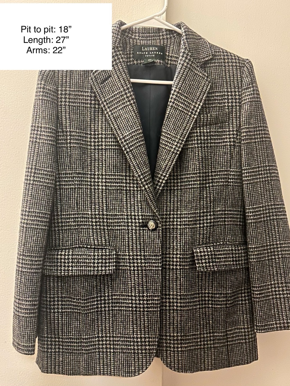 Lauren Ralph Lauren Black & White Glen Plaid Tailored Blazer 100% Wool 2P Cold